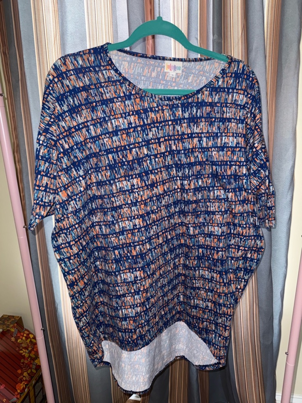 LuLaRoe Irma Navy Blue & Peach Short Sleeve Tee - Women’s Size S